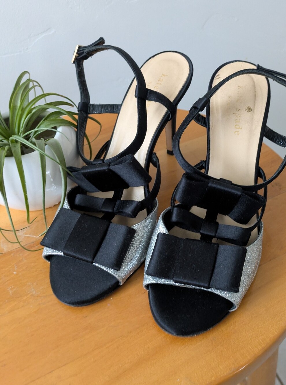 kate spade Black and Silver Bow Strap Heels